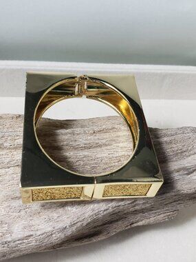 New HInged Clamper Bracelet Gold Metal with Druzy Accent Rectangular Bangle